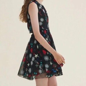 Maje Rachel Black Mesh Mini Dress - Embroidered Hearts & Lipsticks, Size S small